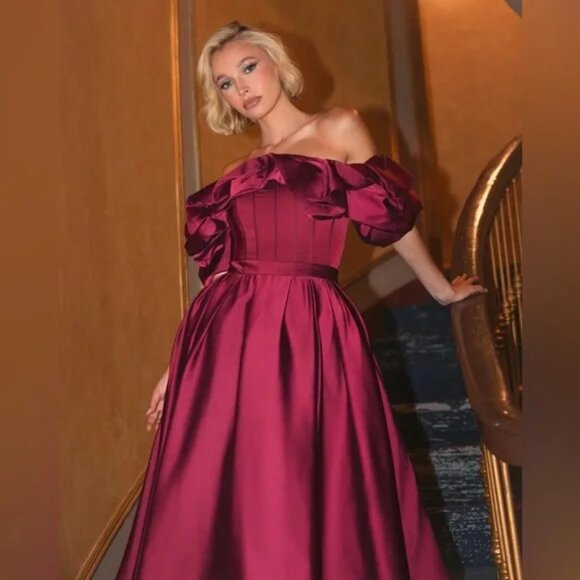 Mac Duggal 20706‎ Womens Plum Red Off The Shoulder Tea Length Dress Gown - Picture 1 of 6